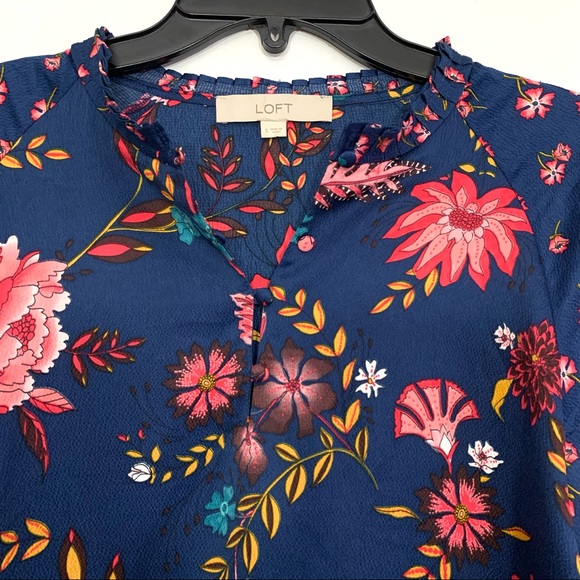 LOFT Women's Blue Pink Floral Mandarin Collar Long Sleeve Shift Dress - Picture 5 of 11